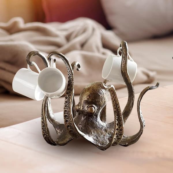 Dekorativ blæksprutte krusholder, harpiks, bronzefarve, 24,9 x 16 cm, kaffekop displaystativ.