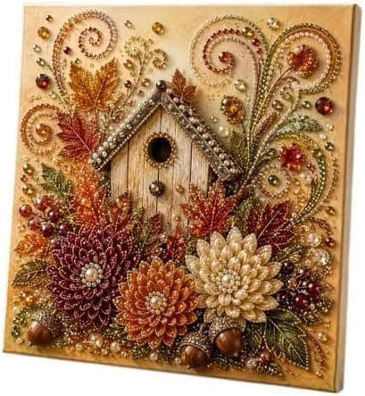 12\" Høstperlemalingssett, 5D Perlemalingshåndverk, DIY Høstdekorasjon Høstfuglehusdekor Autumn Birdhouse Decor