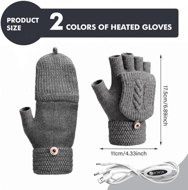 2 par vinter USB-opvarmede handsker, fingerløse håndvarmere, elektrisk opvarmning med knapvanter, sort, lysegrå Black,light Gray