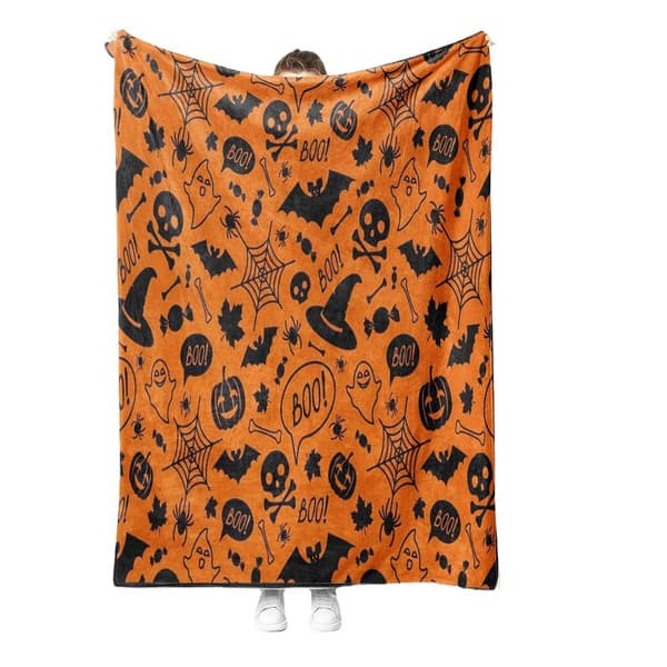 Halloween Fleecy Bedspread - Boo - 120 x 150cm in Orange