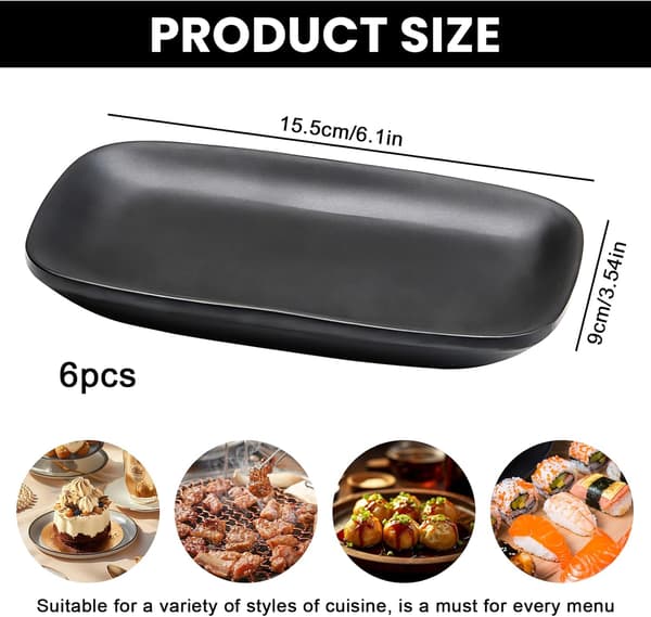 Set of 6 dessert plates: black mezzetallrikar 15.5 x 9 x 2 cm, matte rectangular appetizer plates