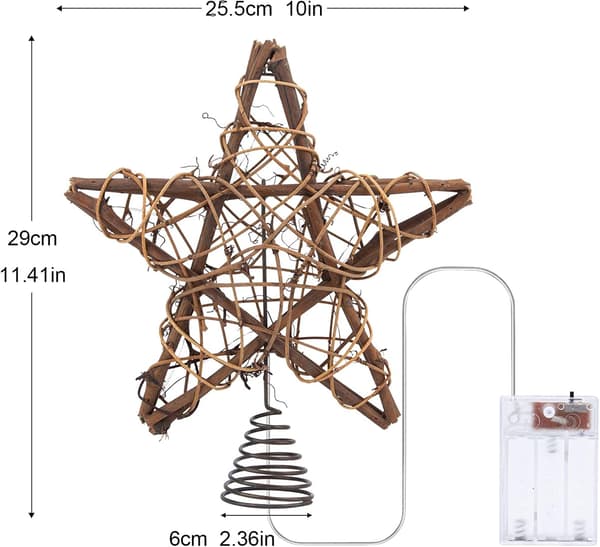 Star Christmas Tree Topper 10 \" Rustic Natural Rattan with 10 Warm