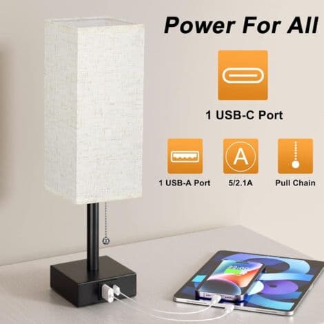 Dimbar LED-sengelampe med 3 farger (2700/3500/5000K) – USB-A og USB-C-porter – Trekkbryter – Samtidsdesign