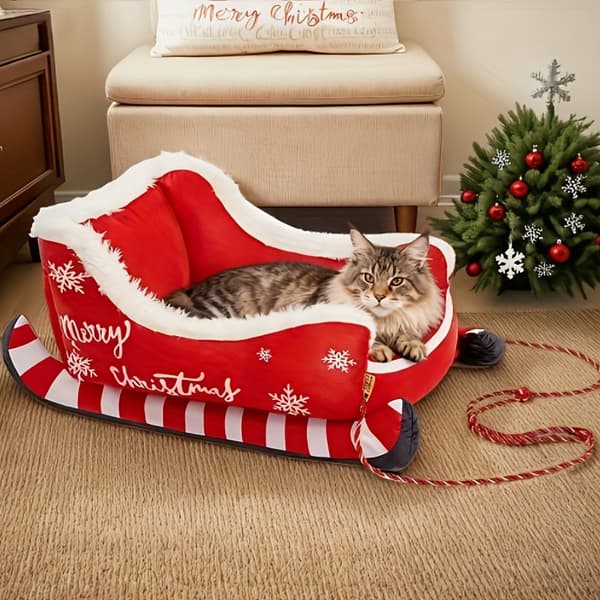 Christmas Plush Sleigh Dog Bed - Red and White with Snowflakes ...