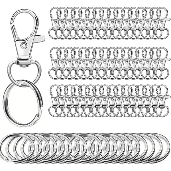 Små nøgleringe i rustfrit stål, 100 stk karabinhage nøgleringe, DIY, DIY-ring, trykknaplås, (sølv)-FA-