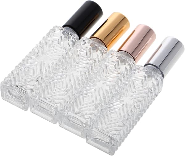 4st 12ml Mini Sprayflaskor i Glas Bärbara Resefina Dimma Påfyllningsbara Aromaterapi Eterisk Olja Parfymprov, Guld, Svart och Roséguld