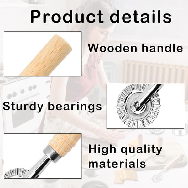 Pizza Cutter Wheel, Grooved Edge Roller Dough Cutter, Long Wooden Pasta Making Accessories, Cookie Baking Tools