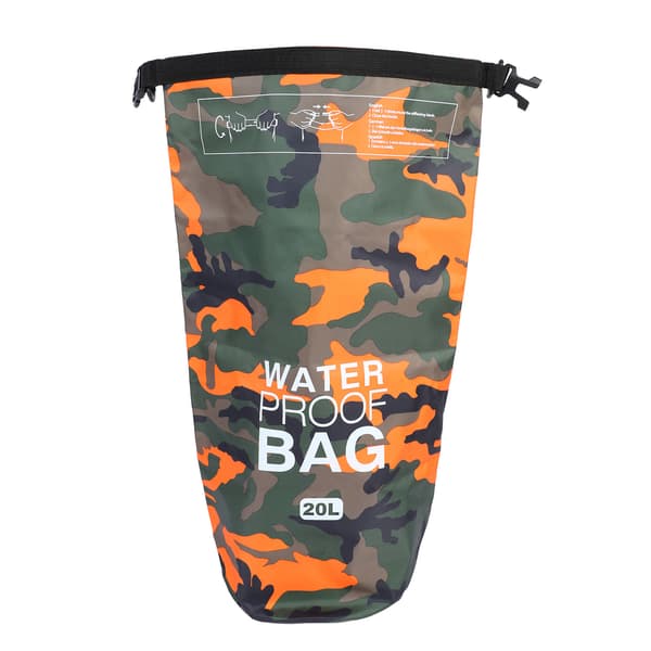Vandtæt tørpose polyester PVC letvægts bærbar roll top tørpose til svømning orange camouflage 20L