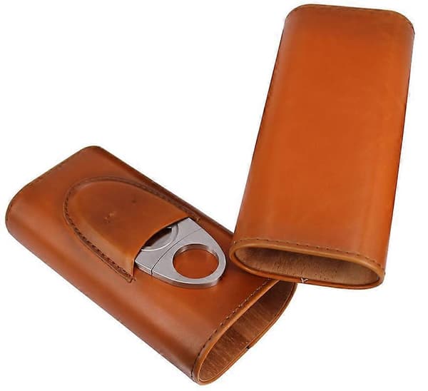 3-Finger Cigar Case in Brown Leather, Cedar-Lined Cigar Humidor
