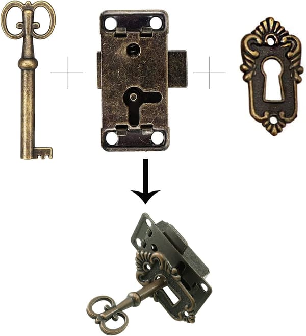 Vintage skabslåsesæt med nøgle, jernfjederlås til træskabe, skuffer og smykkeskrin, bronze finish