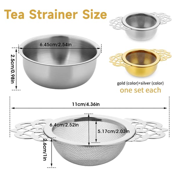 Set of 2 Loose Leaf Tea Strainers, Fine Mesh Strainer with Cup, Gold and Silver