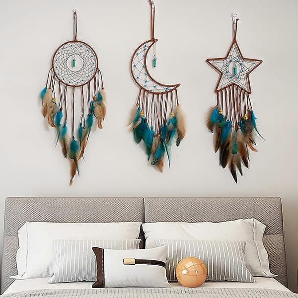 Energy Stone Pendant Feather Dream Catcher Hanging Decor Home Wall Ornament with LED String Light