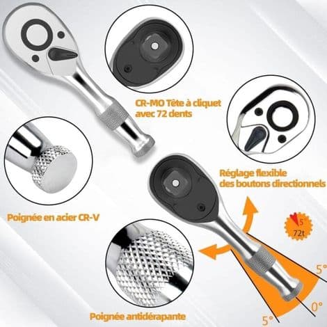 3-delt sæt vendbare mini-skraldenøgler 1/4\", 3/8\" og 1/2\", 72-tands skraldenøgle af Cr-V stål