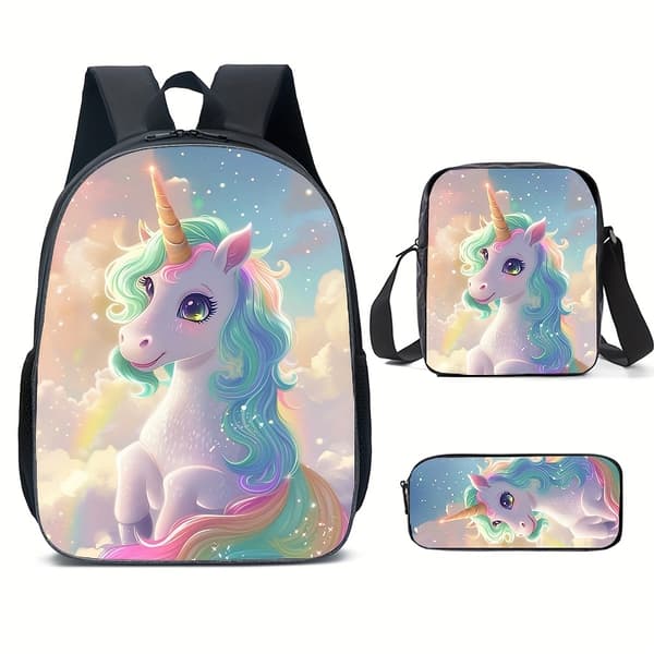 Unicorn Pattern Backpack Set with Shoulder Bag and Pencil Case Not provided Unicorn Red Not provided Unicorn Red