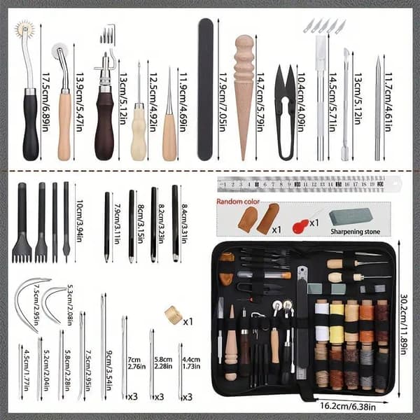 Professional Leather Tool Kit - Complete Metal Equipment for Leatherwork incl. Stitching Groover, Waxed Thread, Claw Tool, Awl & DIY Accessories