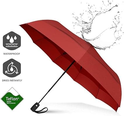 (Burgundy) Automatic Folding Umbrella - Small, Compact, Windproof, Sturdy - Suitable for Men, Women, and Children