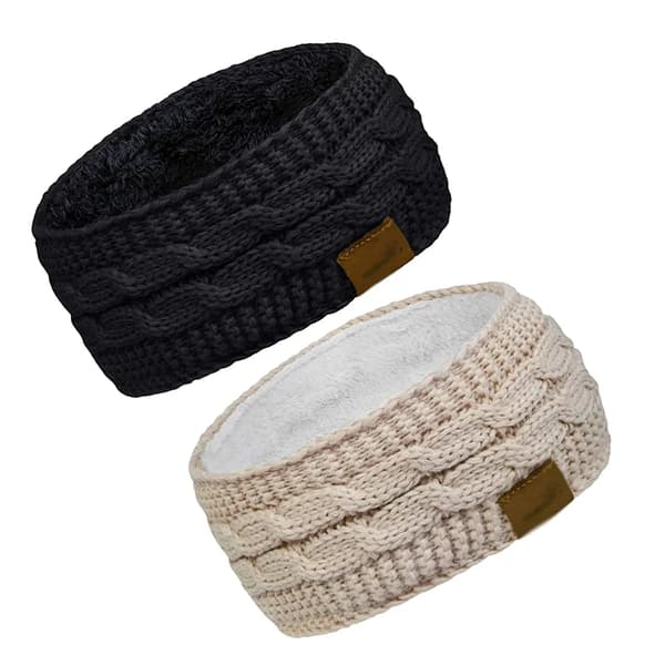 Kvinders vinter fluffy fleeceforet tyk kabelstrikket pandebånd ørevarmere sort+beige