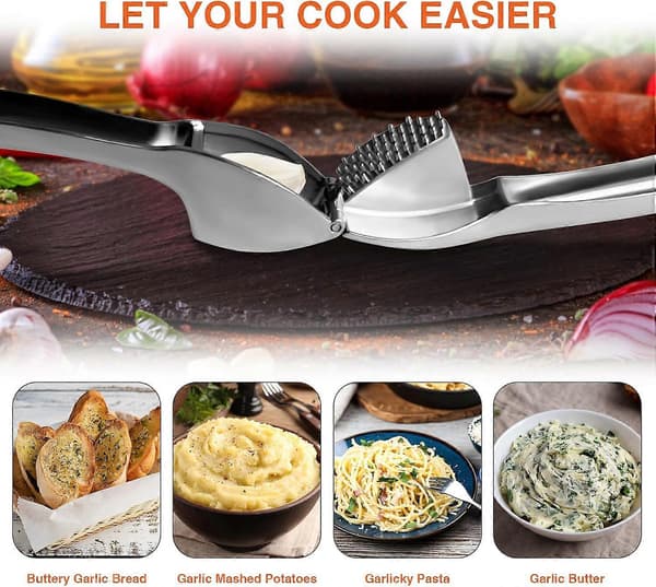 Garlic Press, Heavy Duty Kitchen Garlic Press, Effectively Presses Garlic and Ginger, No Peeling Required, Stainless Steel
