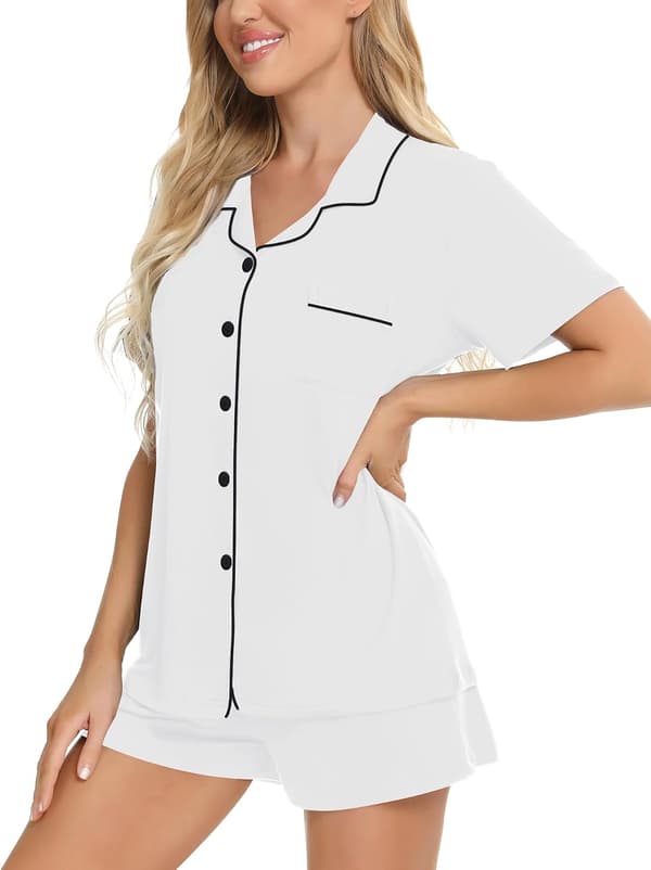 Pyjamasset för dam, kortärmade sovkläder, knäppt nattlinne med ficka, vit, M M White