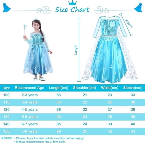 Piger Elsa Kostume 9-delt Sæt med Krone Diadem Handsker Tryllestav 140cm[JUN] 140cm 140cm