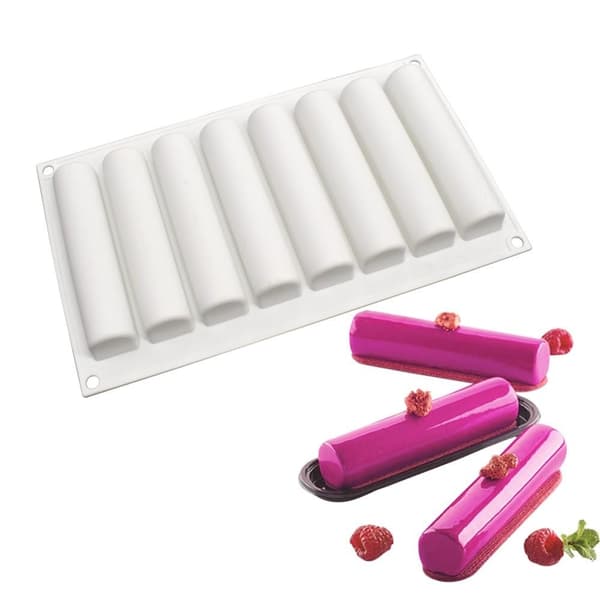 Avlang Eclair Sylinder 8 stk Silikonform Mousseform Pralinform hvit Hvit white Vit