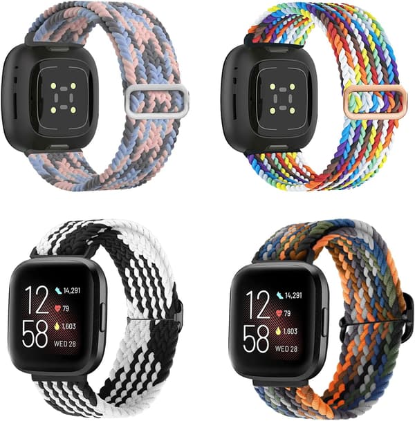 4 st Elastiska Nylonband Kompatibla med Fitbit, Fitbit Versa 3 Armband Flätad Nylon Sport, Fitbit Versa 4 Armband Ersättning