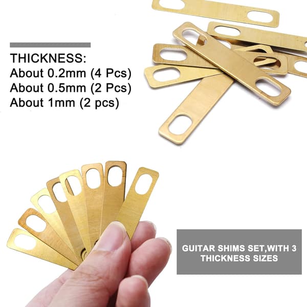 8 guldgitarrhalsbrickor, inkluderar 4 0,2 mm, 2 0,5 mm och 2 1 mm tjocka mässingsbrickor för gitarr- och basreparation av bultad hals, luthierverktyg