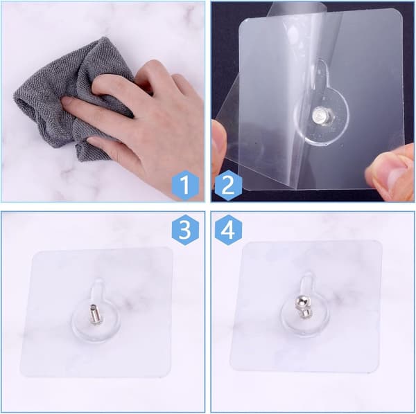 Self-adhesive hanging hooks, 12 pieces transparent, no drilling, for kitchen and bathroom