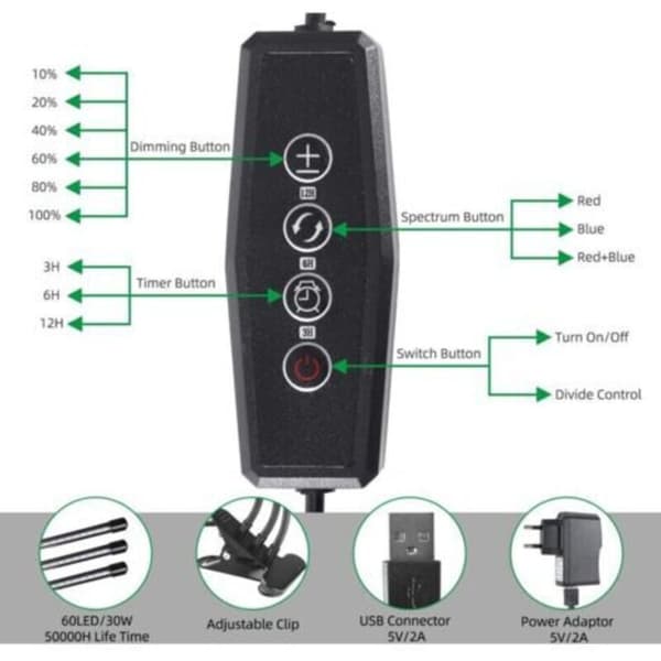 14W Plant Lamp - 60 Adjustable LEDs - Full Spectrum - Automatic Timer - Lighting Time: 3h/6h/12h - 3 Lighting Modes - Dimmable