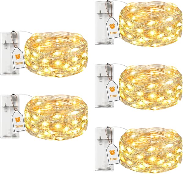 5-pack LED-ljusslingor med batteri och timer, 2 m 20 LED Miniatyr Silvertråd Ljusslingor