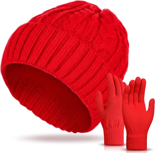 Vinterlue og hansker sett Strikket fleece Mykt fôret Rød Red