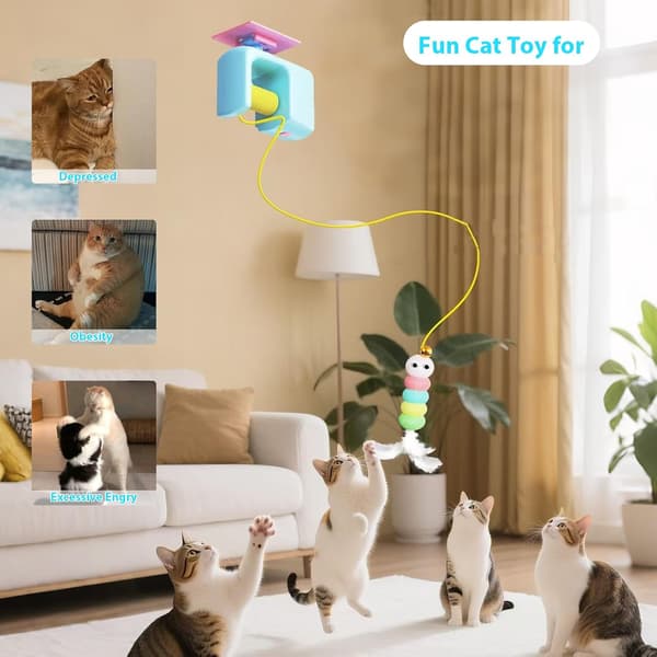 Automatic Door Hanging Cat Toy with Feathers & Bell, Self-Retracting Interactive Toy for Bored Indoor Cats & Kittens