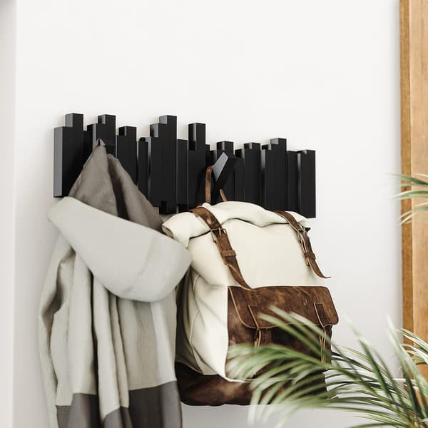 Vægmonteret bøjle med 5 foldbare kroge, sort