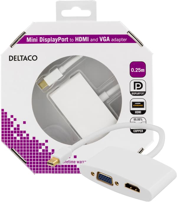 Mini DisplayPort til HDMI- og VGA-adapter, 0,25m, hvit Vit