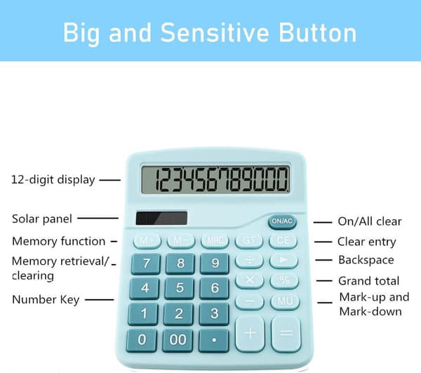 Office Calculator, 12-Digit Dual Power, Large LCD Display, Suitable for Office, Home and School (Blue)