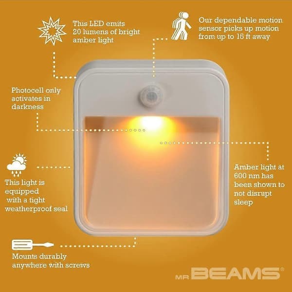 Sleep-Friendly Battery-Powered Motion Sensor LED Night Light, Stick-Anywhere with Yellow Light (1-Pack), White