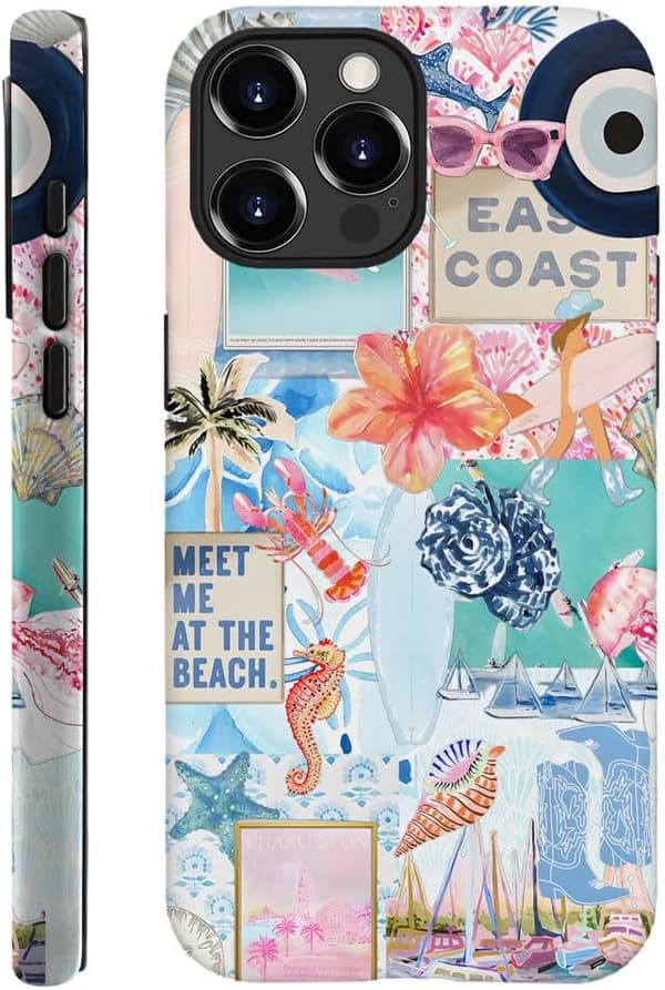 Generic Case Compatible with iPhone 16 Pro Max, Scratch-Resistant Hybrid 2-Layer Hard Case, Seashell Beach Summer Jellyfish Collage