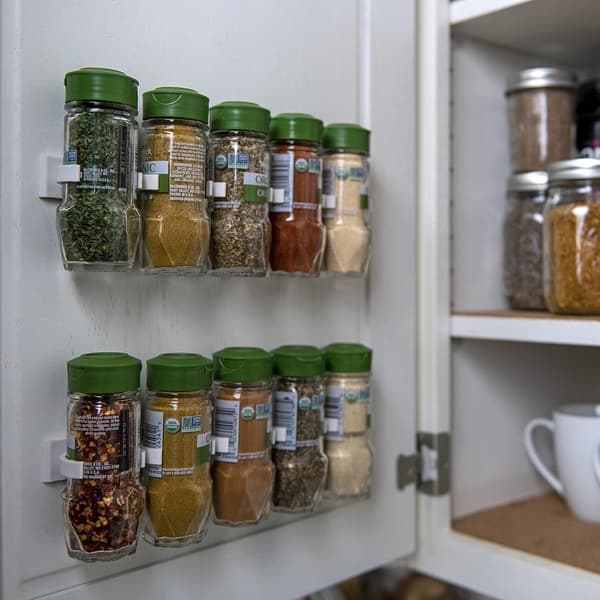 Spice Rack, Self-Adhesive Spice Jar Gripper Clips for Cabinet Door, White, Holds 20 Jars, 4-Pack