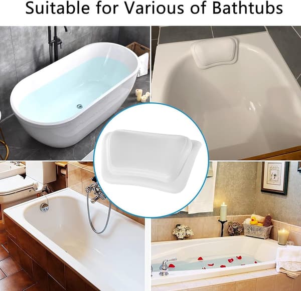 Waterproof Bath Pillow, 3D Ergonomic PU Neck and Head Support with 2 Non-Slip Suction Cups for Home Bathtub, White White