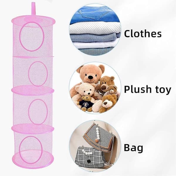 Hanging Net Storage, 2-pack Foldable Hanging Toy Storage, 4 Compartments Foldable Hanging Storage Basket Teddy Storage Net pink pink