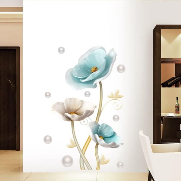 Blue Flower Wall Sticker, Butterfly Floral Decal, Peel & Stick M
