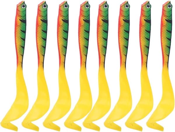 Fiskedrag, sæt med 8, 12 cm, PVC, padlehaledesign