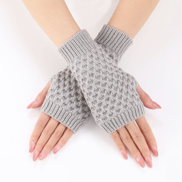 Short Knitted Gloves with Pineapple Pattern Grey Grey Grey