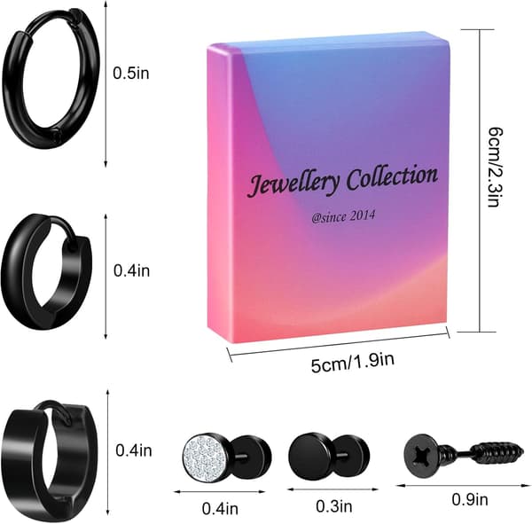 12/18 stk. Herreøreringe Sorte til Mænd Rustfrit Stål Piercing Smykker Stud Hoop Punk Sæt - 18 STK. Black - 18PCS