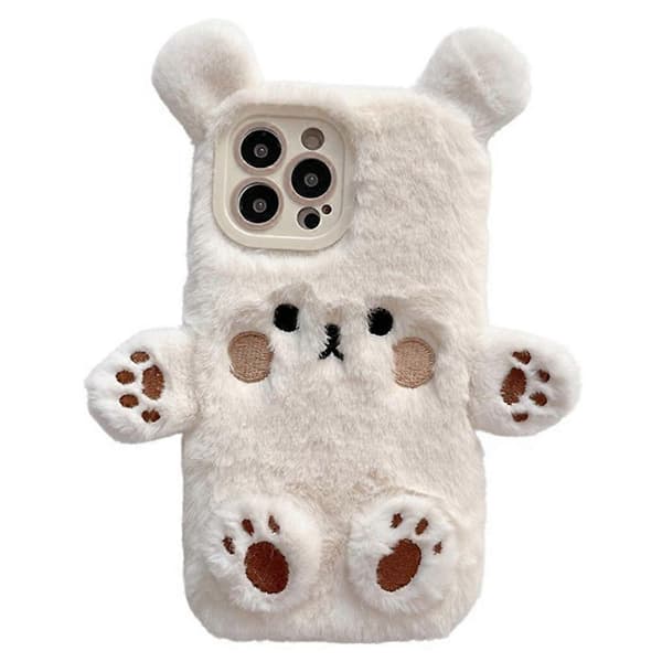 iPhone 15 Pro Case Cartoon 3D Bear Fluffy Plush TPU Winter Warm Phone Case