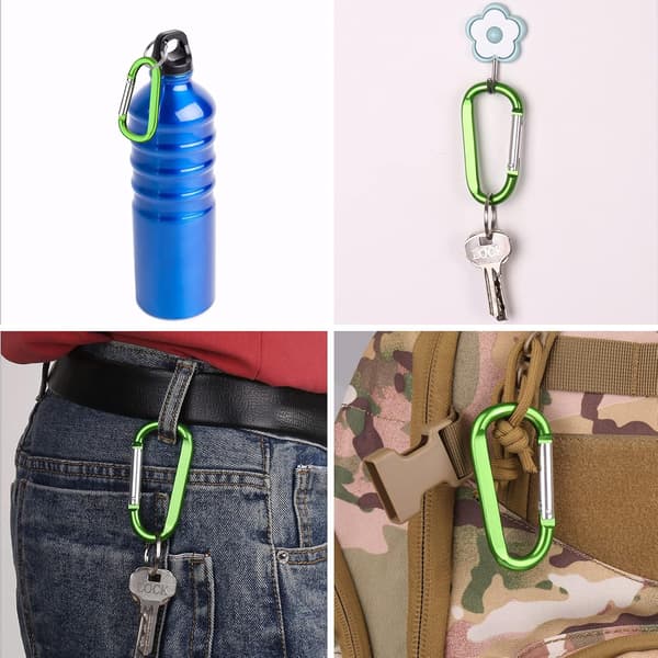 6 stk. (2 blå + 2 lilla + 2 grønne) karabinkroker, 3\" store