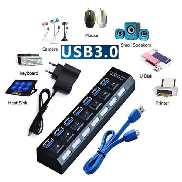 7-ports USB-adapter til PC/bærbar 5G Mbps + 5V strøm GOBRO