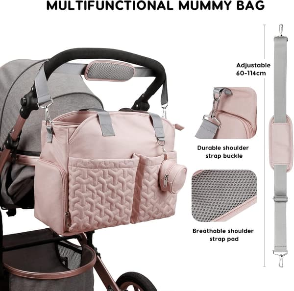 (Rosa) Multifunktionel og stilfuld pusletaske til baby, stor