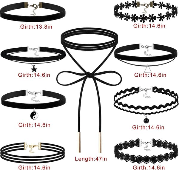 9 stk. Choker-sæt Sorte Choker-halskæder til kvinder Fløjlsbånd -