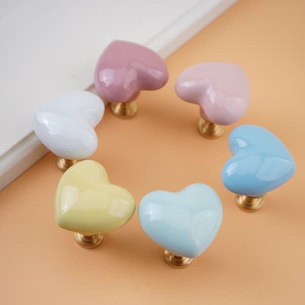 6 pcs Brass and Ceramic Knobs with Heart-shaped Handles for Wardrobe, Cabinet, TV Stand